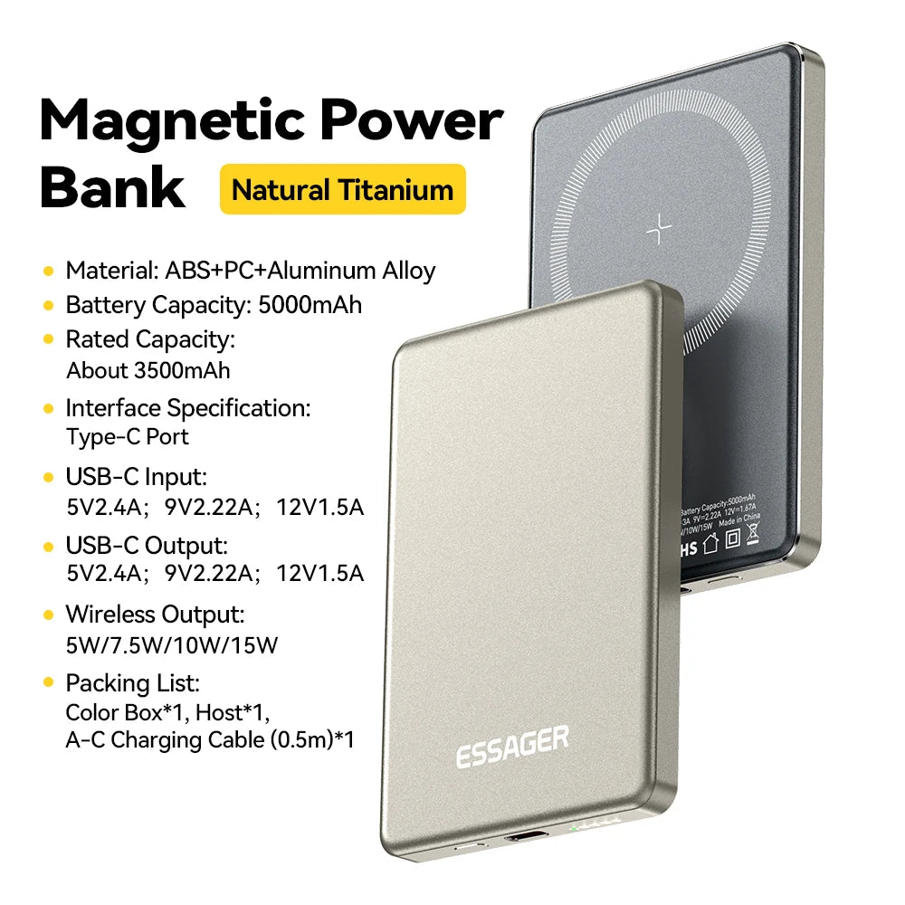 MagSafe Wireless Power Bank 5000mAh - Ultra-Slim 20W Fast Charging Portable Battery for iPhone 17/16/15/14 (Space Grey)