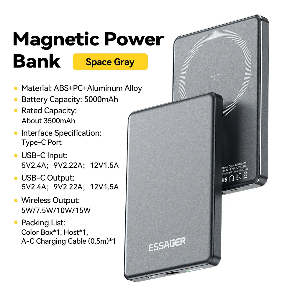 MagSafe Wireless Power Bank 5000mAh - Ultra-Slim 20W Fast Charging Portable Battery for iPhone 17/16/15/14 (Space Grey)