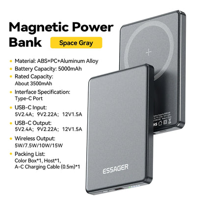 MagSafe Wireless Power Bank 5000mAh - Ultra-Slim 20W Fast Charging Portable Battery for iPhone 17/16/15/14 (Space Grey)