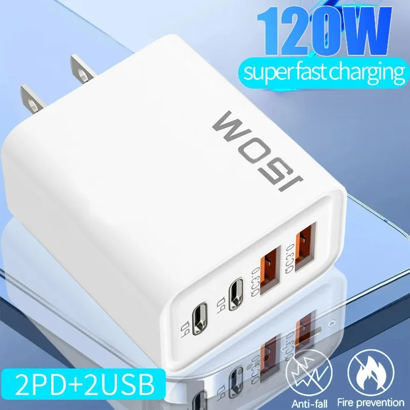 120W USB-C Charger 4-Port Fast Charging Station | Quick Charge 3.0 for iPhone, Samsung, Xiaomi & Huawei